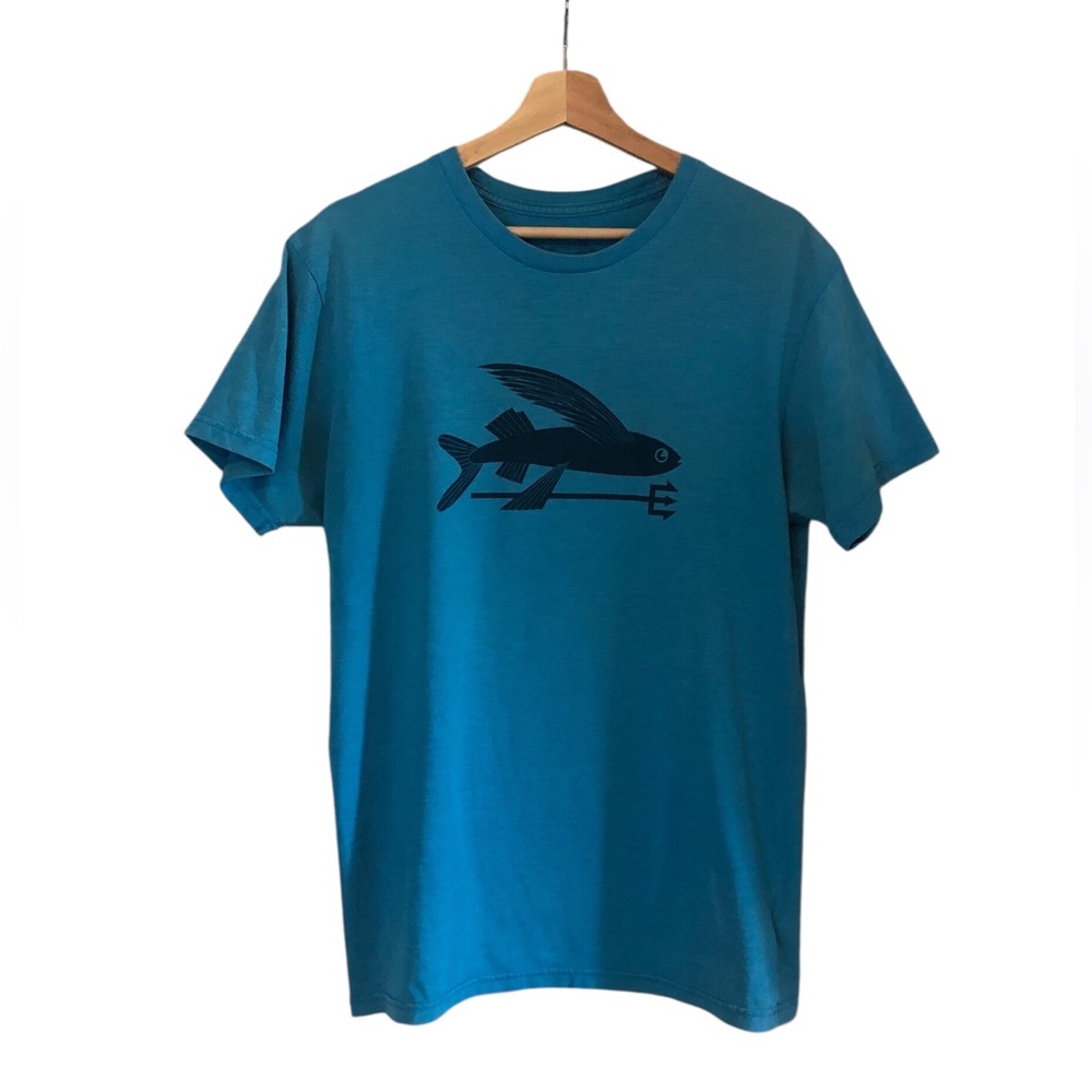 Patagonia Teal Blue Flying Fish with Trident Harpoon Graphic Tee Shirt